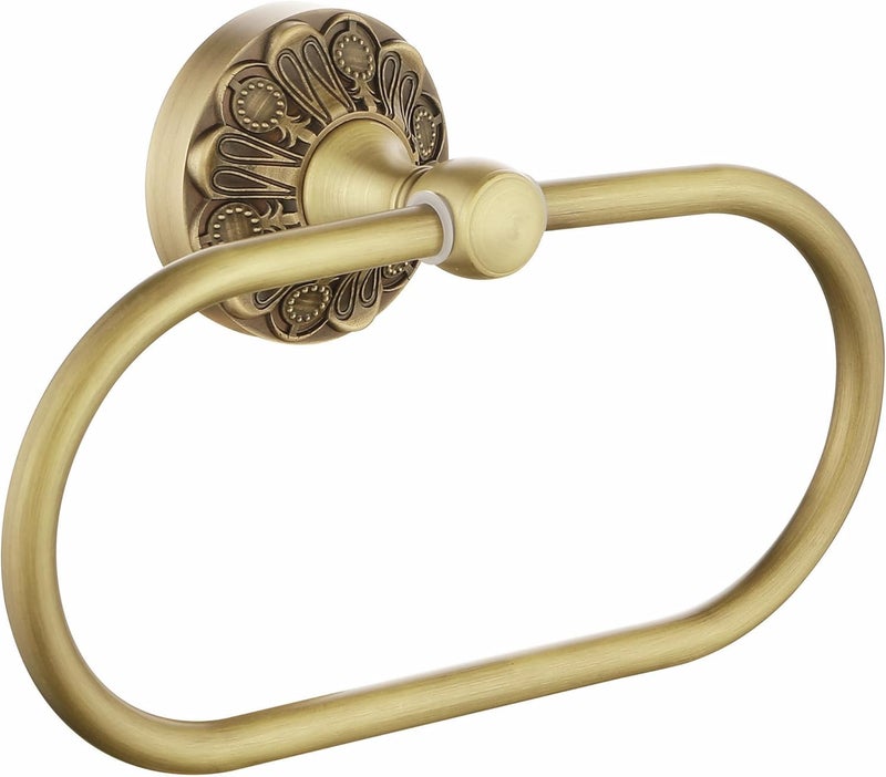 Lucyound Antique Gold Towel Ring, Oval Hand Towel Holder Wall Mount, Vintage Decorative Bathroom Accessories, Brass Petal-Relief Series - Image 1